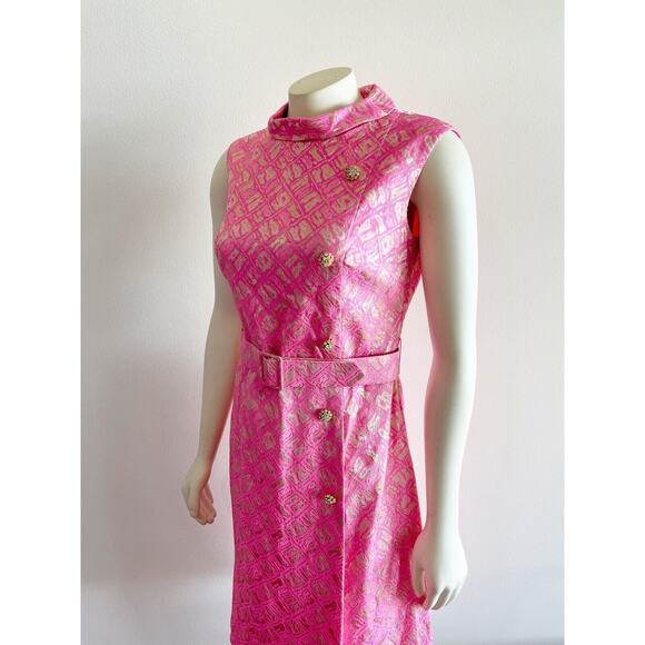 Richard Kaplan 1960s Pink Gold Metallic Thread Belted Vintage Shift Dress Sz 10 - Picture 6 of 16